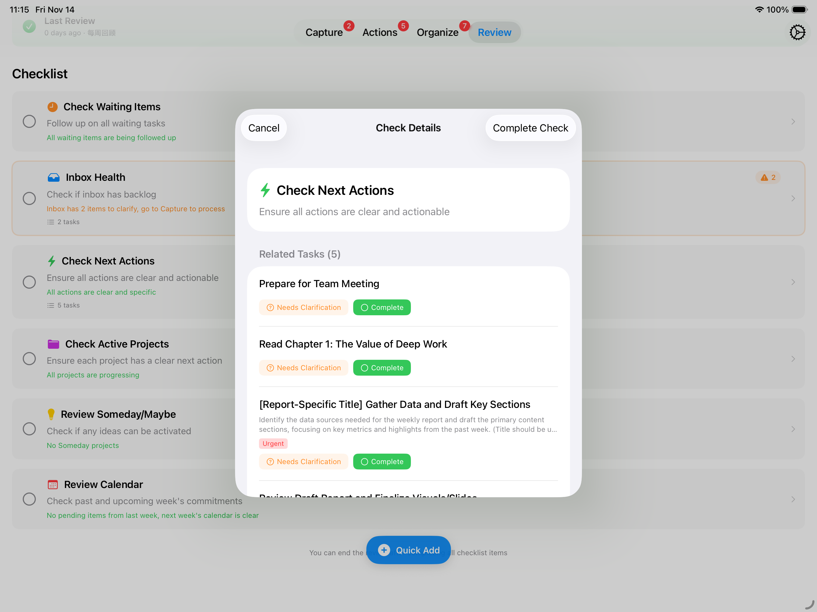 iPad Check Next Actions